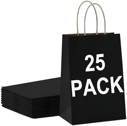 25 Pack Small Black Kraft Gift Bags with Handles
