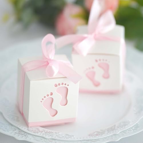 Efavormart 25 Pack Baby Footprint Candy Boxes with Ribbons