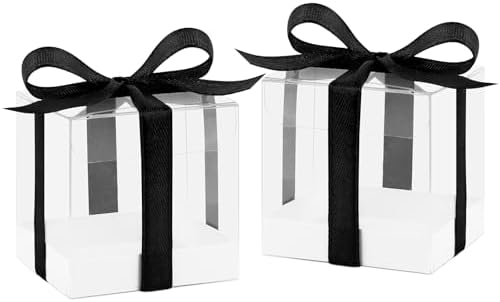 Hxezoc 50 Pack Clear Favor Boxes 2x2x2 Inches with Black Ribbons
