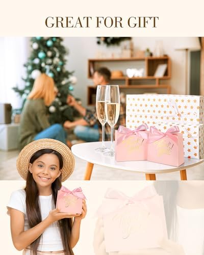 EQOREIIN Small Kraft Gift Bags - 70 Pack with Bow Ribbon Pink 45x18x39 Inches