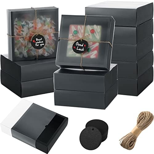 Roowest 50 pcs Rectangle Kraft Gift Boxes with Window Black 65x65x2 Inch
