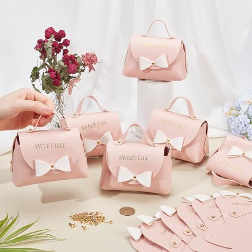 FINGERINSPIRE 12 Pack Light Pink PU Leather Bowknot Gift Boxes with Handle