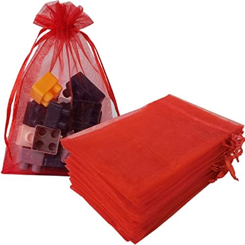 50 Piece Organza Gift Bags 5x7 Red Drawstring Sheer Pouches