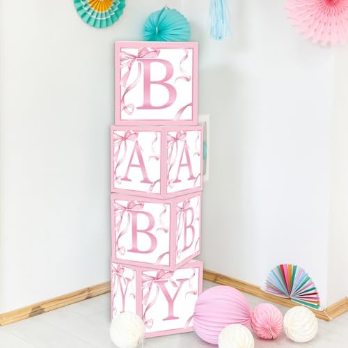 FYSUIMU 4Pcs Baby Shower Letter Box with Pink Bow Balloons