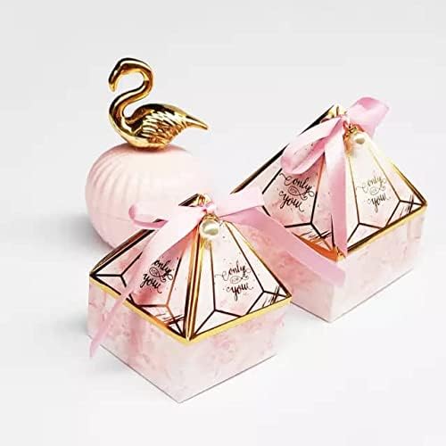 50pcs Pink Gem Tower Party Favor Box with Ribbon Beads