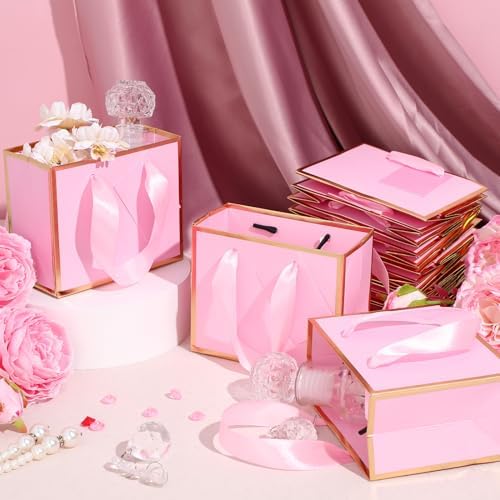 Yeaqee 50 Pcs Mini Metallic Foil Gift Bags with Handles Pink Gold