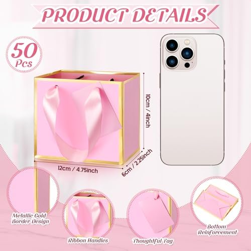 Yeaqee 50 Pcs Mini Metallic Foil Gift Bags with Handles Pink Gold