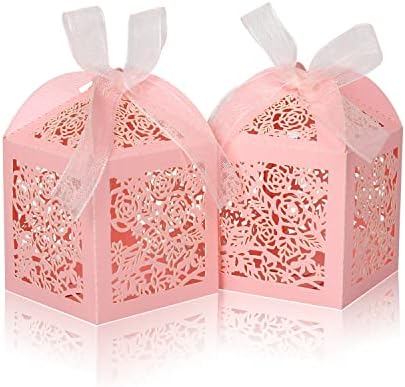 100pcs Pink Laser Cut Favor Boxes with Ribbons