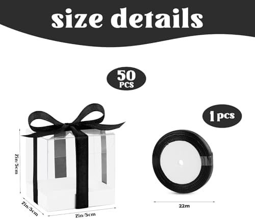 Hxezoc 50 Pack Clear Favor Boxes 2x2x2 Inches with Black Ribbons