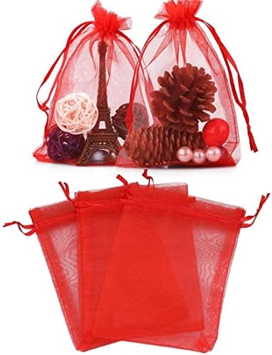 50 Piece Organza Gift Bags 5x7 Red Drawstring Sheer Pouches