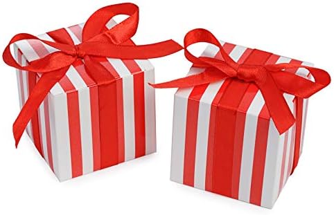 AWELL Small Red Stripes Gift Candy Box with Red Ribbon Pack of 50