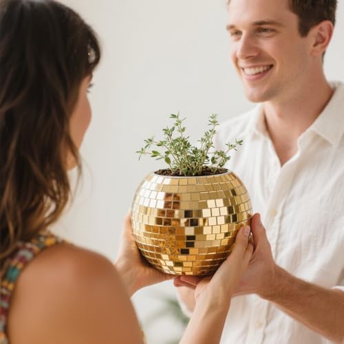 Gold Mosaic Glass Mirror Ball Planter
