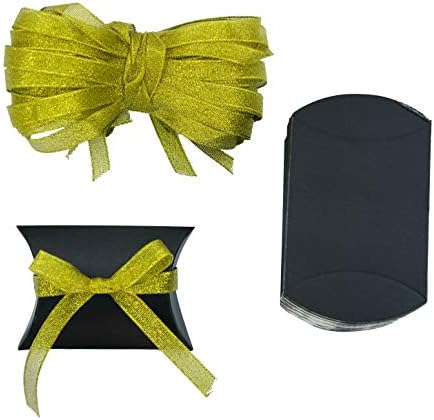 Black Kraft Pillow Candy Boxes with Gold Ribbon 50pc Set