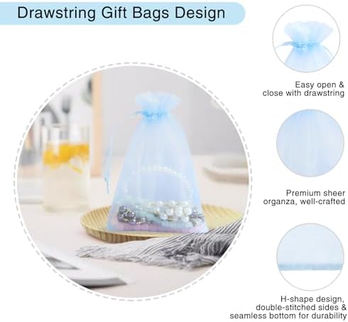 Wudygirl 4x6 Organza Bags with Drawstring 100pc Light Blue
