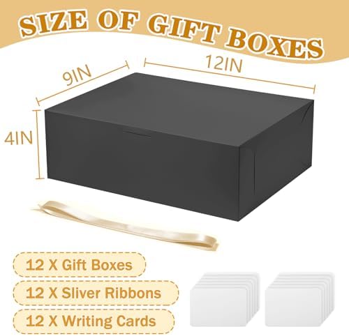 12 Piece Black Gift Box with Lid and Ribbon