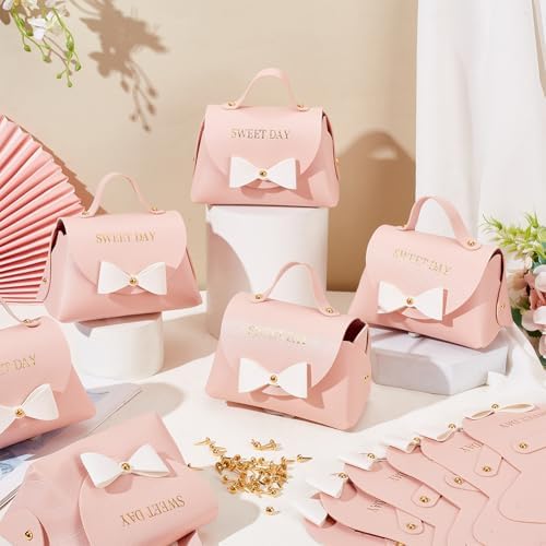 FINGERINSPIRE 12 Pack Light Pink PU Leather Bowknot Gift Boxes with Handle