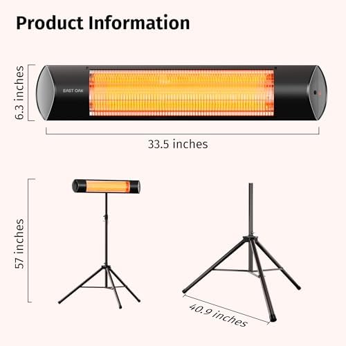 EAST OAK 1500W Infrared Patio Heater with 3 Heat Levels and IP55 Waterproof