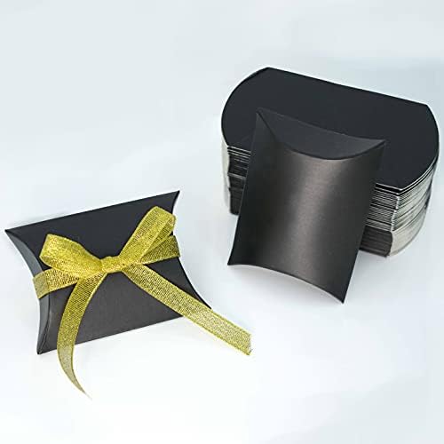 Black Kraft Pillow Candy Boxes with Gold Ribbon 50pc Set