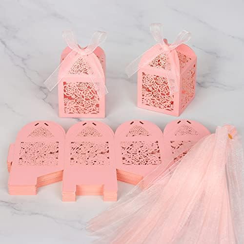 100pcs Pink Laser Cut Favor Boxes with Ribbons