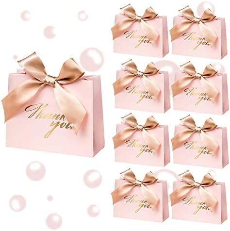 25 Pack Pink Gift Bags with Gold Ribbon