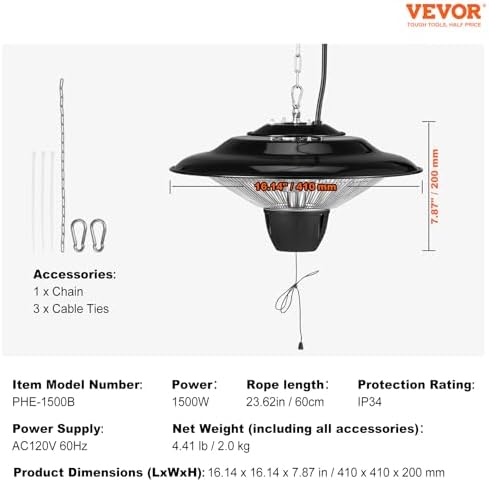 VEVOR Hanging Patio Heater 1500W Infrared Ceiling Heater