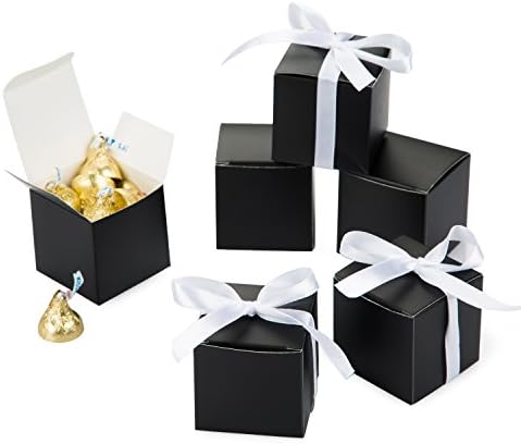 AWELL Black Gift Candy Box with White Ribbon Pack of 50