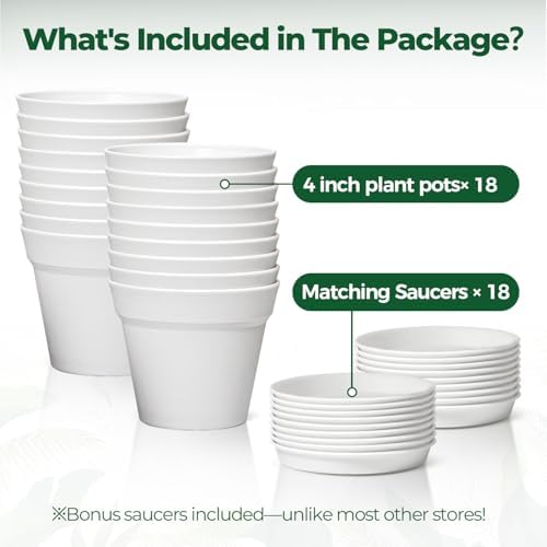 T4U 4 Inch Plant Pots 18 Pack with Saucer and Drainage Hole