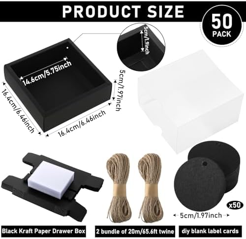 Roowest 50 pcs Rectangle Kraft Gift Boxes with Window Black 65x65x2 Inch