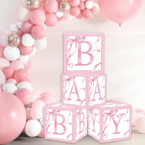 FYSUIMU 4Pcs Baby Shower Letter Box with Pink Bow Balloons
