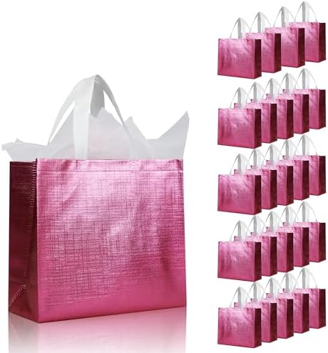 Pink Reusable Gift Bags with Handles 25 Pcs Metallic Design