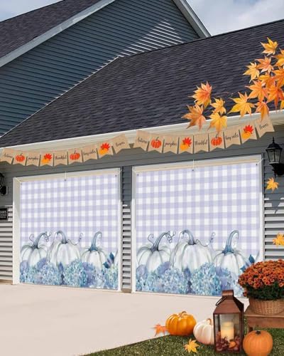 IDOWMAT Fall Thanksgiving Pumpkin Hydrangea Floral Garage Door Cover 6x13ft