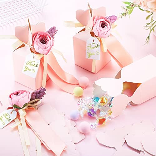 TaoBary 50 Pcs Pink Wedding Gift Boxes with Bow and Flower