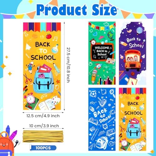 100 Pieces Back to School Cellophane Bags with Twist Ties
