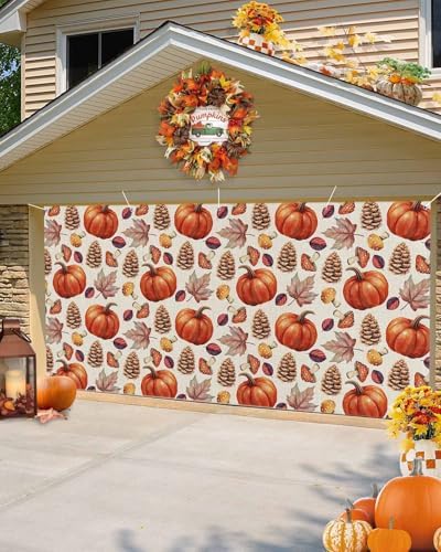 IDOWMAT Autumn Pumpkin Maple Leaf Garage Door Cover 7x8ft