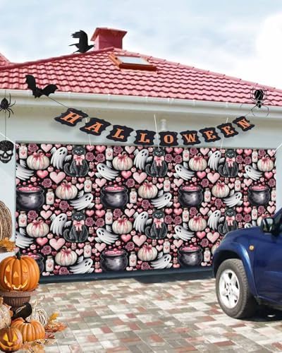Halloween Cat Ghost Heart Garage Door Cover 7x8ft Black
