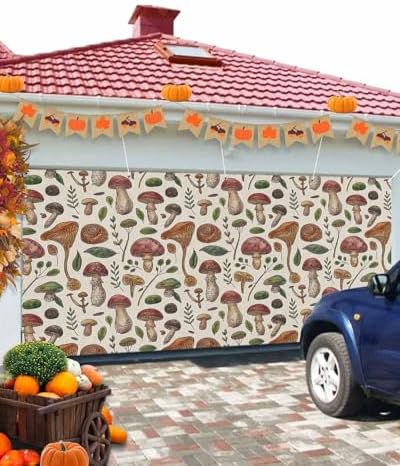 Brown Mushroom Green Leaves Retro Garage Door Cover 7x8ft