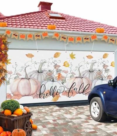 IDOWMAT Fall Thanksgiving Pumpkin Vine Leaf Garage Door Cover 7x8ft
