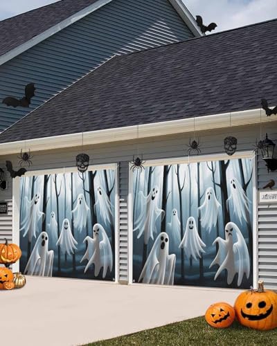 Halloween Ghost Decor Garage Door Cover 7x8ft Black