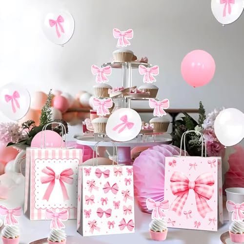 JOYGATHER 24 Pcs Pink Bow Party Favor Bags with Handles