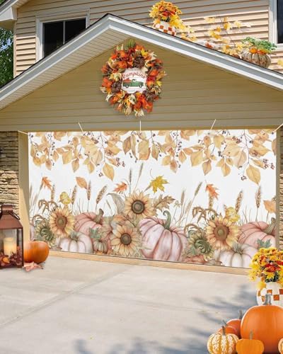 IDOWMAT Autumn Pumpkin Sunflower Garage Door Cover 7x8ft