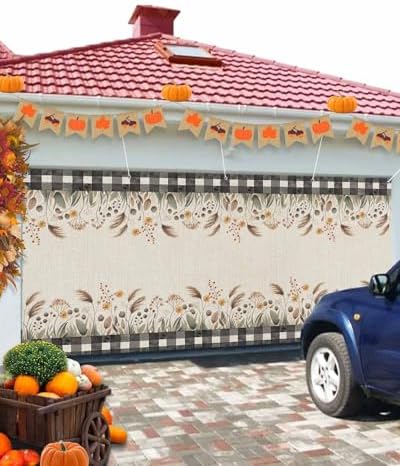 Wheat Sheaf Autumn Leaves Linen Garage Door Cover 7x8ft