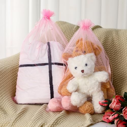 Sweetude 30 Pcs Extra Large Pink Drawstring Organza Bags