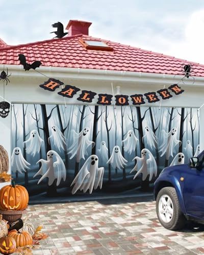 Halloween Ghost Decor Garage Door Cover 7x8ft Black