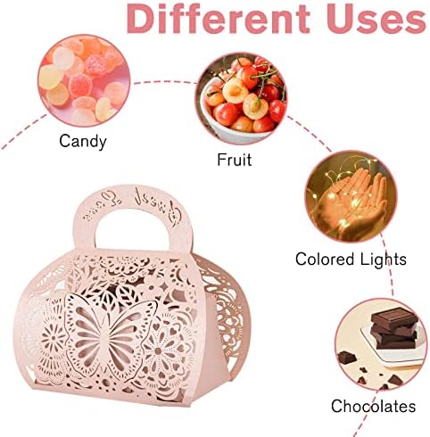 25PCS Pink Laser Cut Favor Boxes with Handle