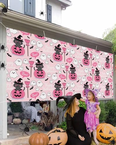 IDOWMAT Cartoon Pumpkin Cat Broom Garage Door Cover 6x13ft