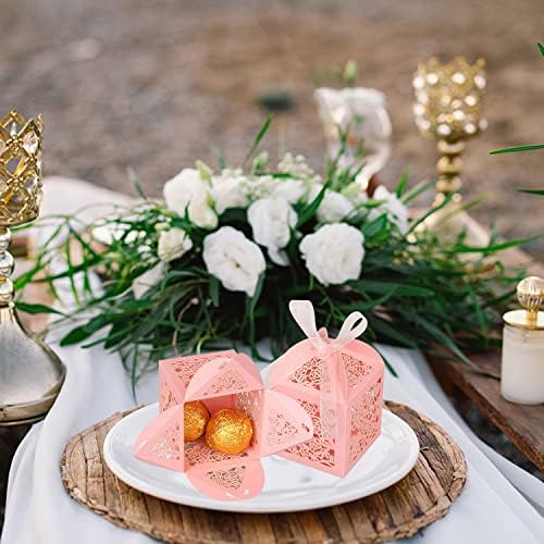 100pcs Pink Laser Cut Favor Boxes with Ribbons