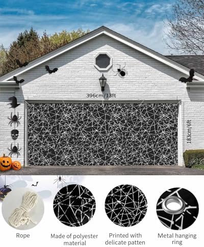 Scary Halloween Black Cobweb Garage Door Cover 7x8ft