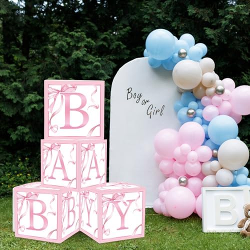 FYSUIMU 4Pcs Baby Shower Letter Box with Pink Bow Balloons