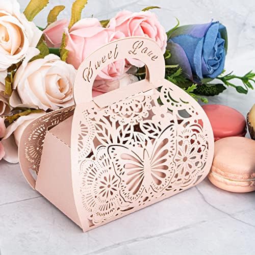 25PCS Pink Laser Cut Favor Boxes with Handle