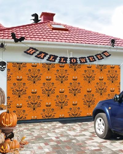 IDOWMAT Halloween Ghost Face and Spiders Web Garage Door Cover 7x16ft